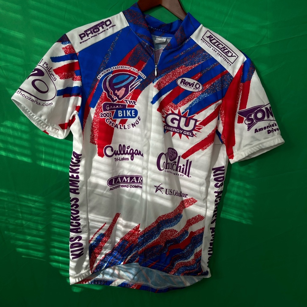 Cycling jersey, size adult large. Ozarks 100 event jersey from early 2000s.